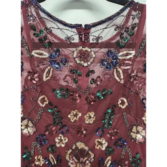 Gianni Bini Women's Wendy Burgundy Sequin Mesh Embroidered Floral Dress, Size 0 - Picture 7 of 14